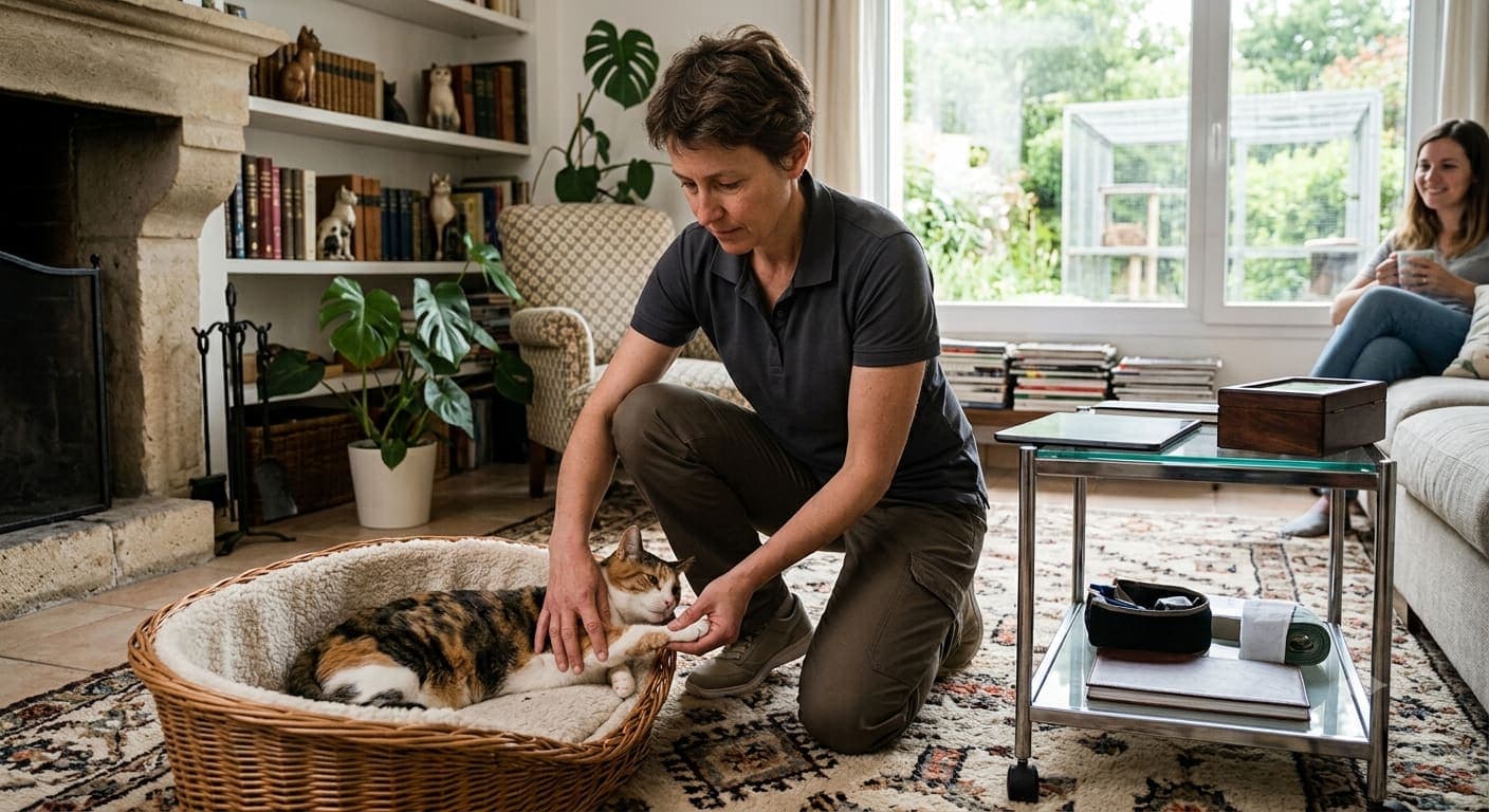 Ostéopathe animalier soignant un chat