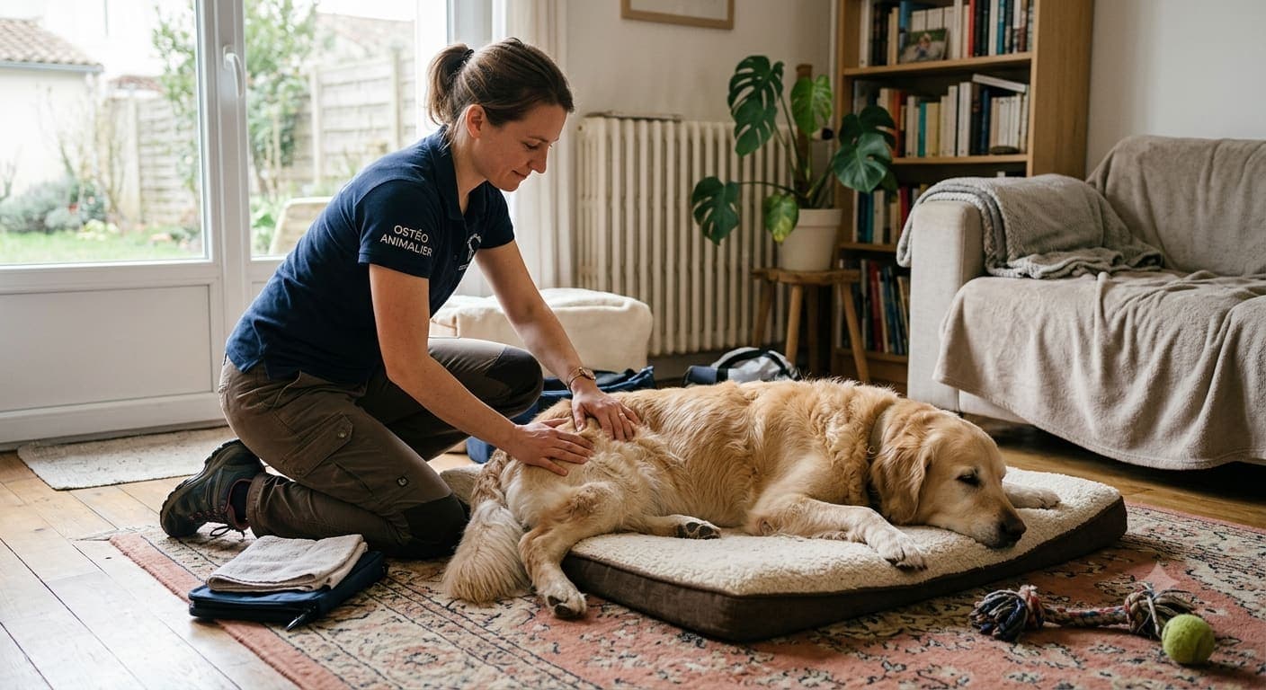 Séance d'ostéopathie sur un chien à domicile